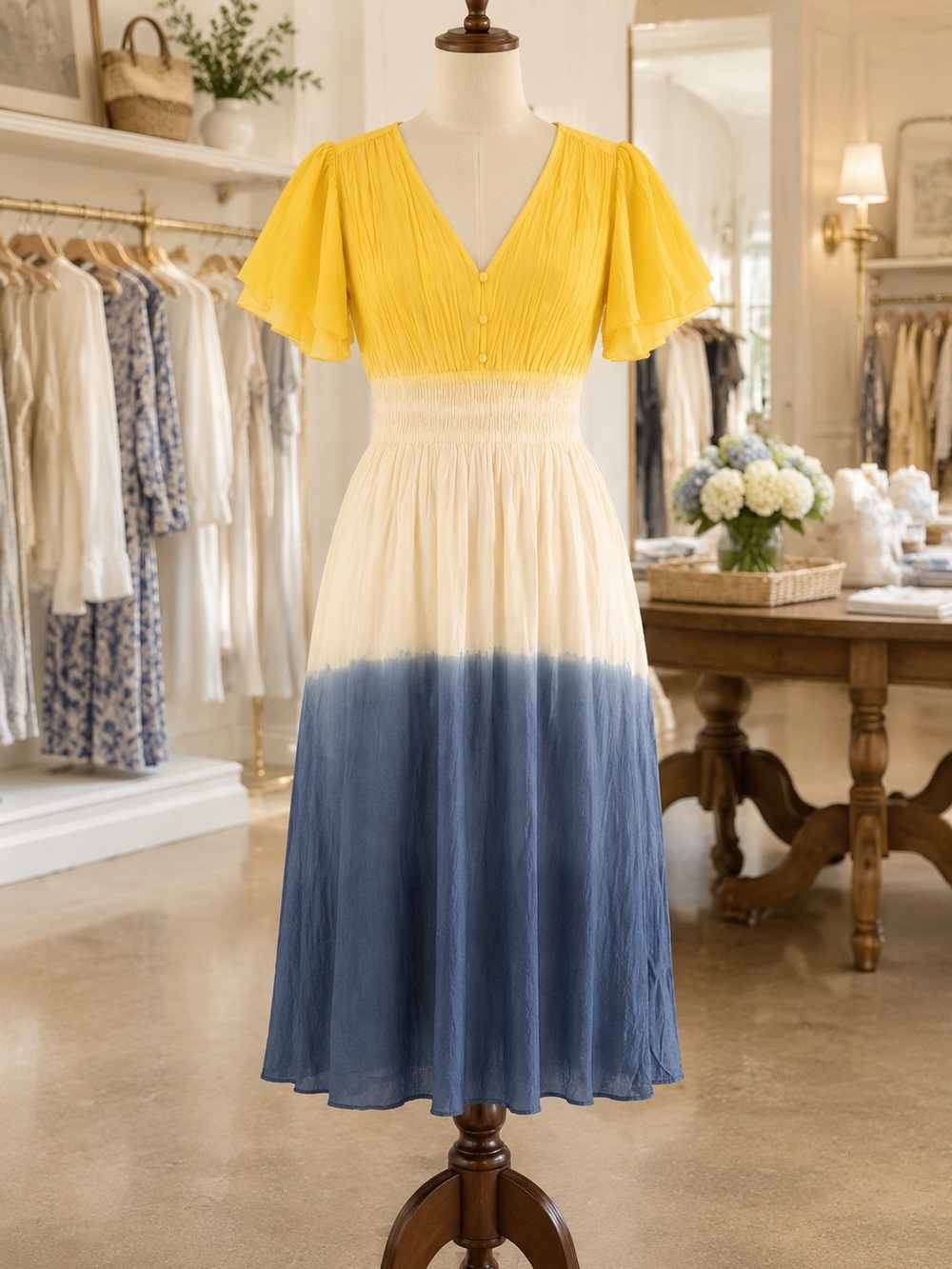 St. Roche Smocked Waist V-Neck Midi Dress in Yellow, Blue tie dye NWT